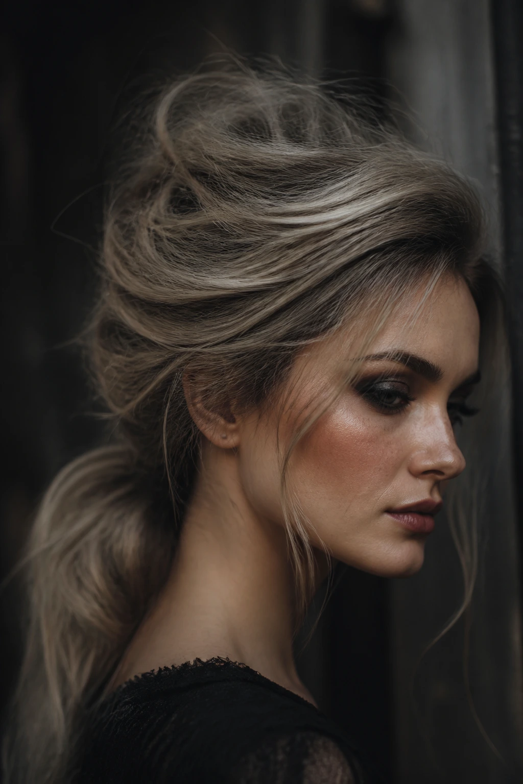 Close-up of a real woman's head showing a teased crown with cobweb texture