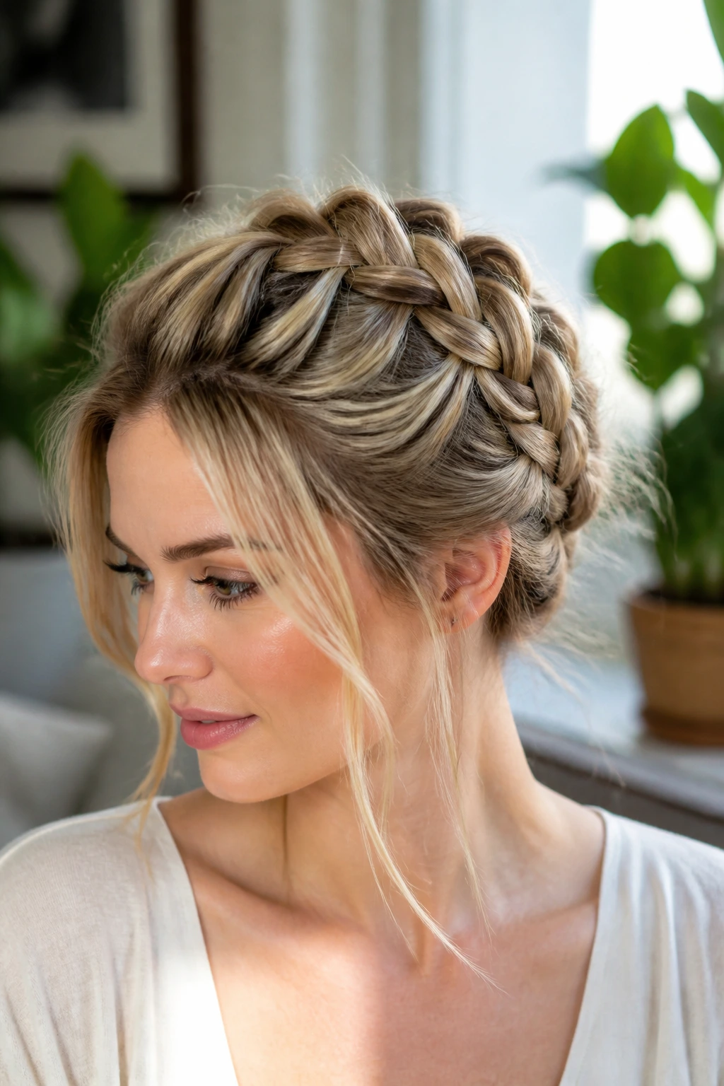 Close-up of a real woman with a teased crown French braid