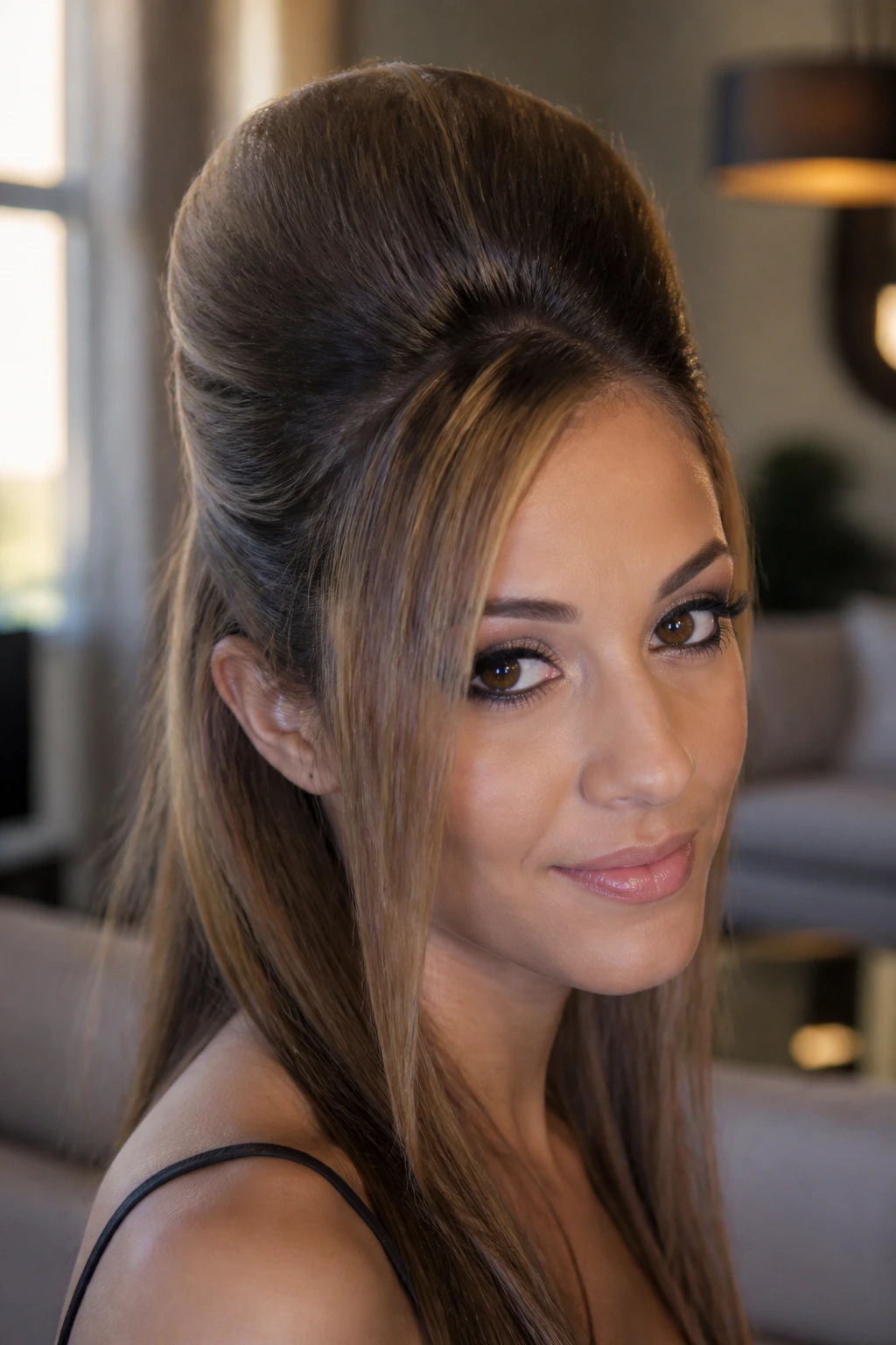 Real woman with a dramatic teased crown hairstyle