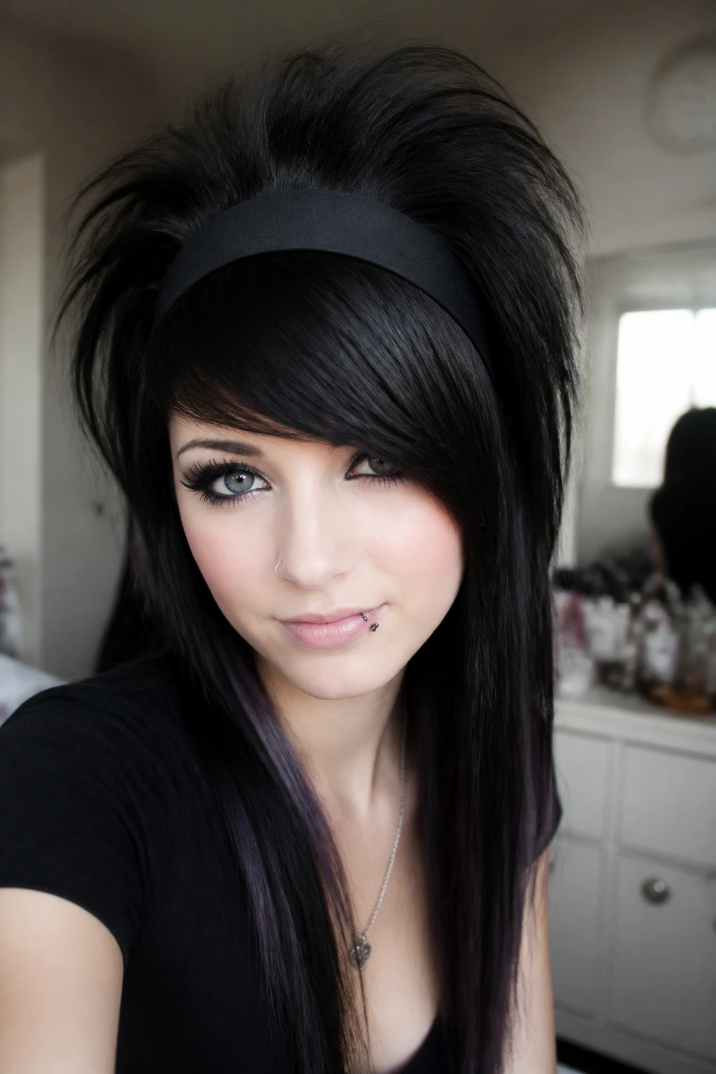 Close-up of a real person with teased crown and wide headband