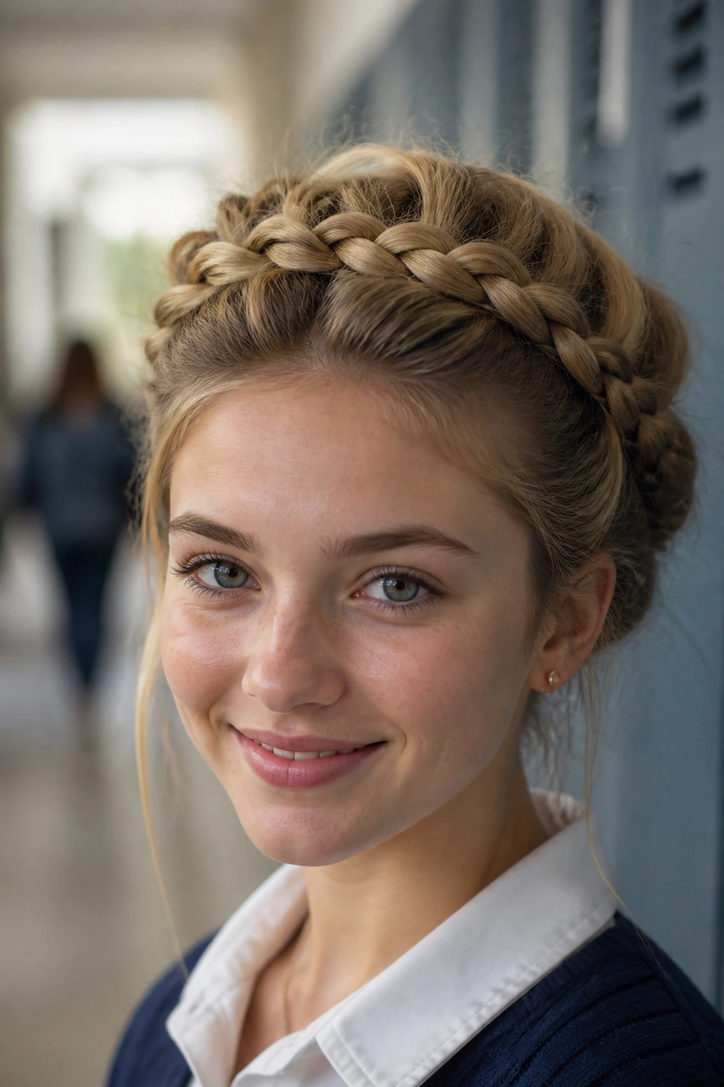 Portrait of student with teased voluminous crown and milkmaid braids.