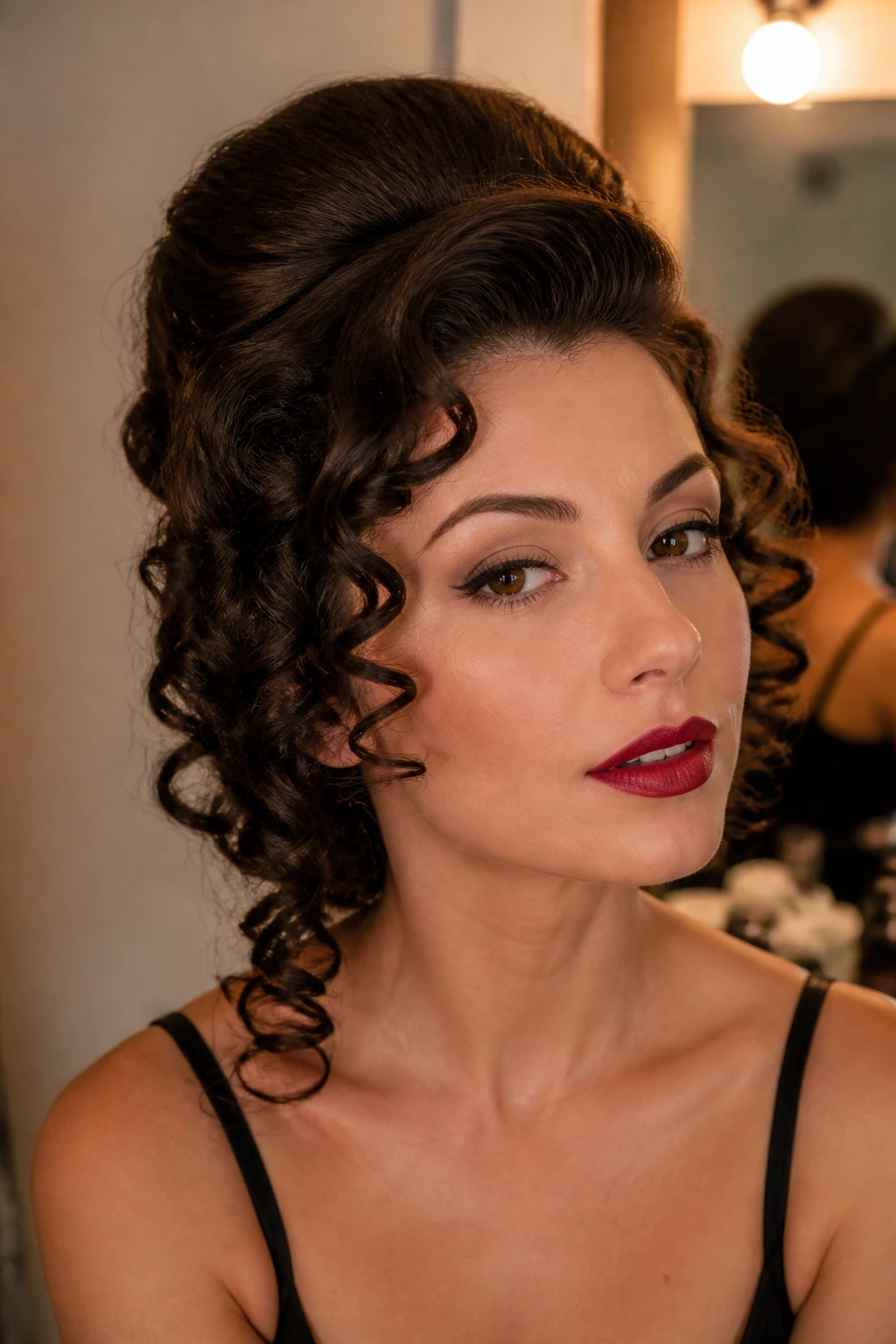 Close-up of teased crown and tight ringlets in vintage glam lighting