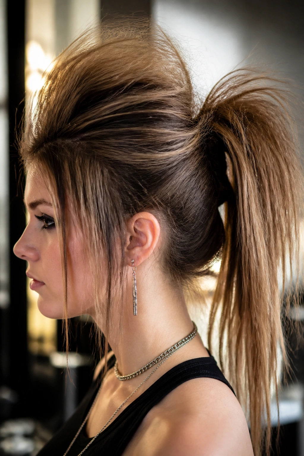 Real woman with a teased crown and high ponytail.