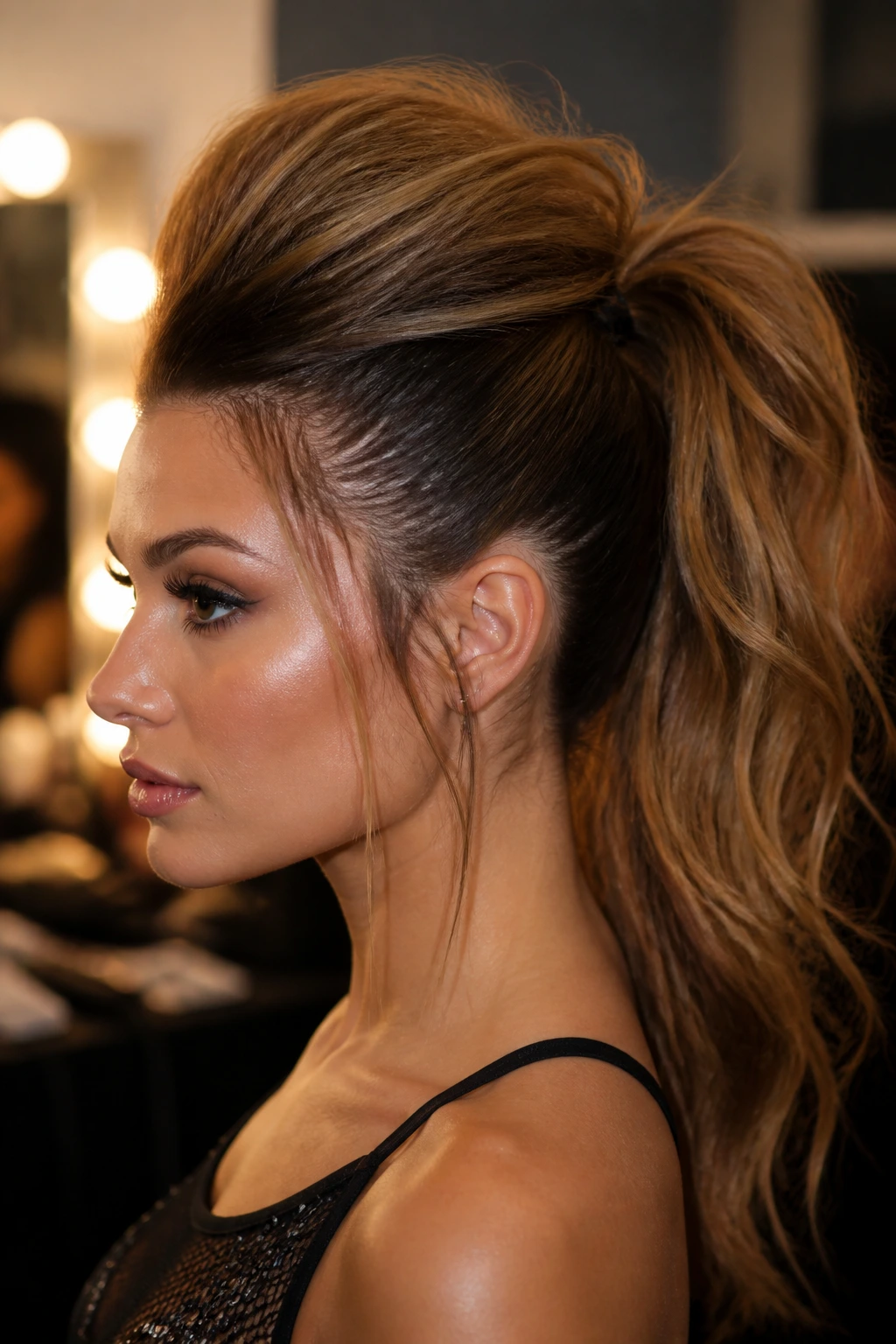 Portrait of a woman with a high-volume teased ponytail in warm backstage light