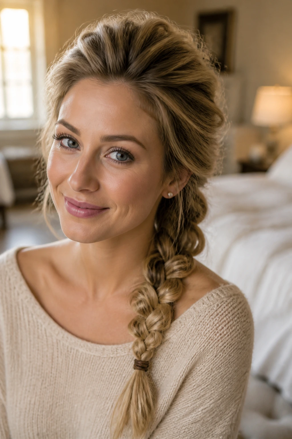 Close-up of a real woman with a side braid and teased crown roots for lift