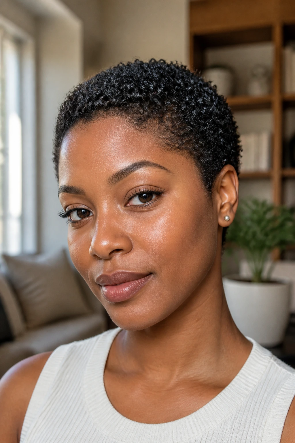 Portrait of a real person with a teeny weeny afro in natural light.