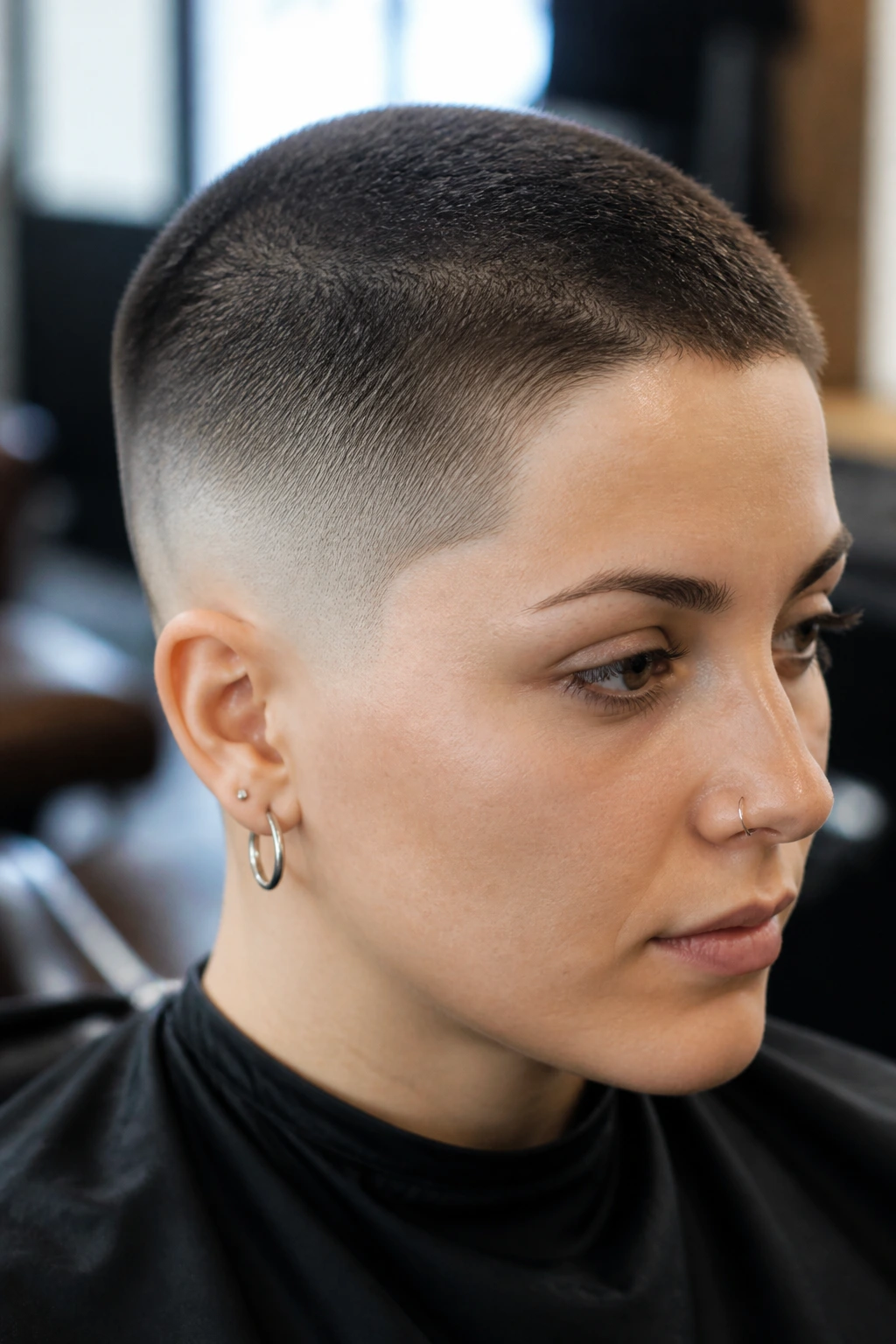 Close-up portrait of a real person with a temple fade buzz cut and sharp edges