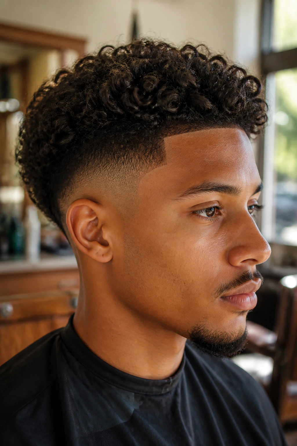 Close-up portrait of a real person with temple fade and curly top hair