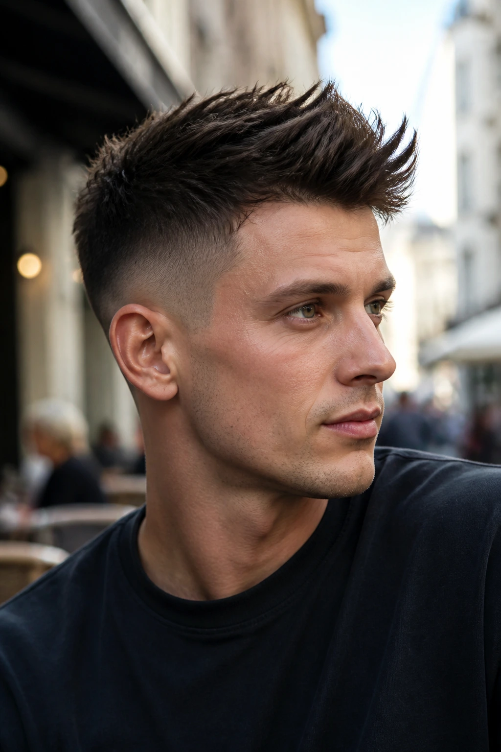 Close-up of Spiky Top With Temple Fade hairstyle on a real person