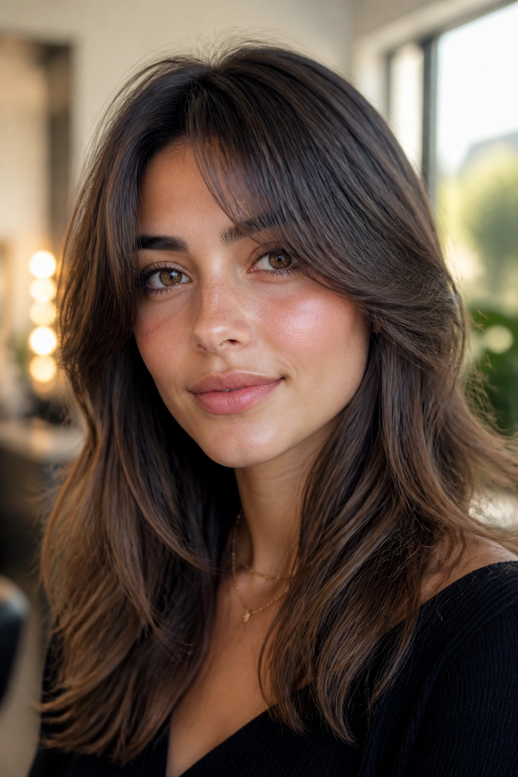 Close-up portrait of a real woman wearing blended temple-framing bangs in warm natural light