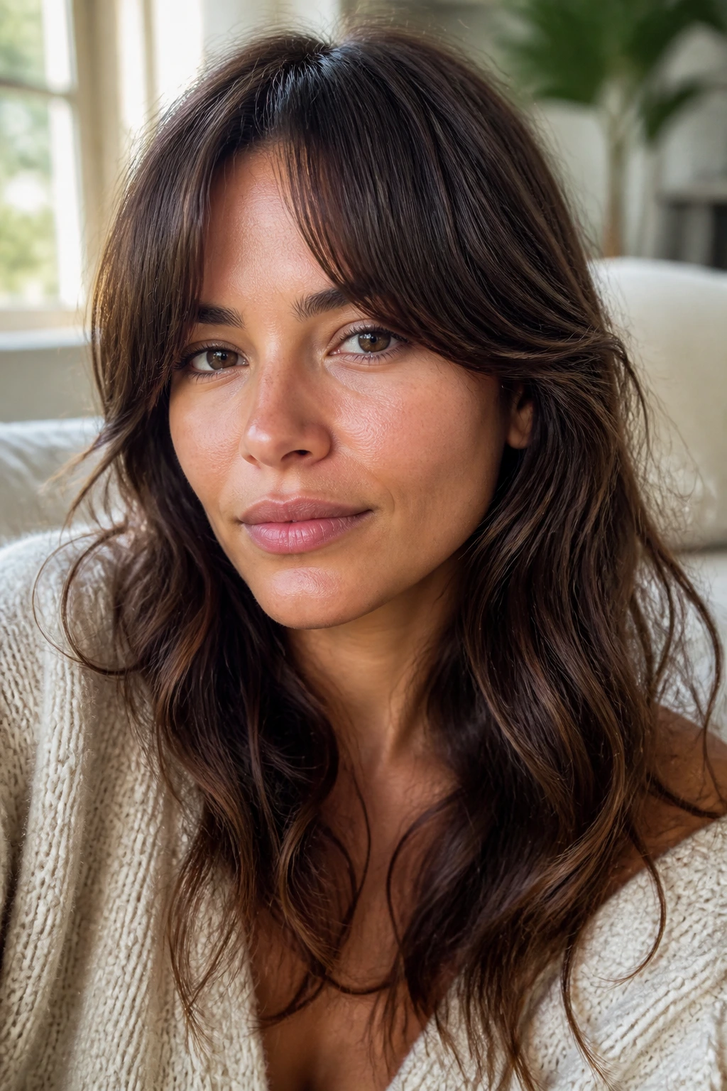 Close-up of a real woman with temple-hugging blended bangs curving along the brow