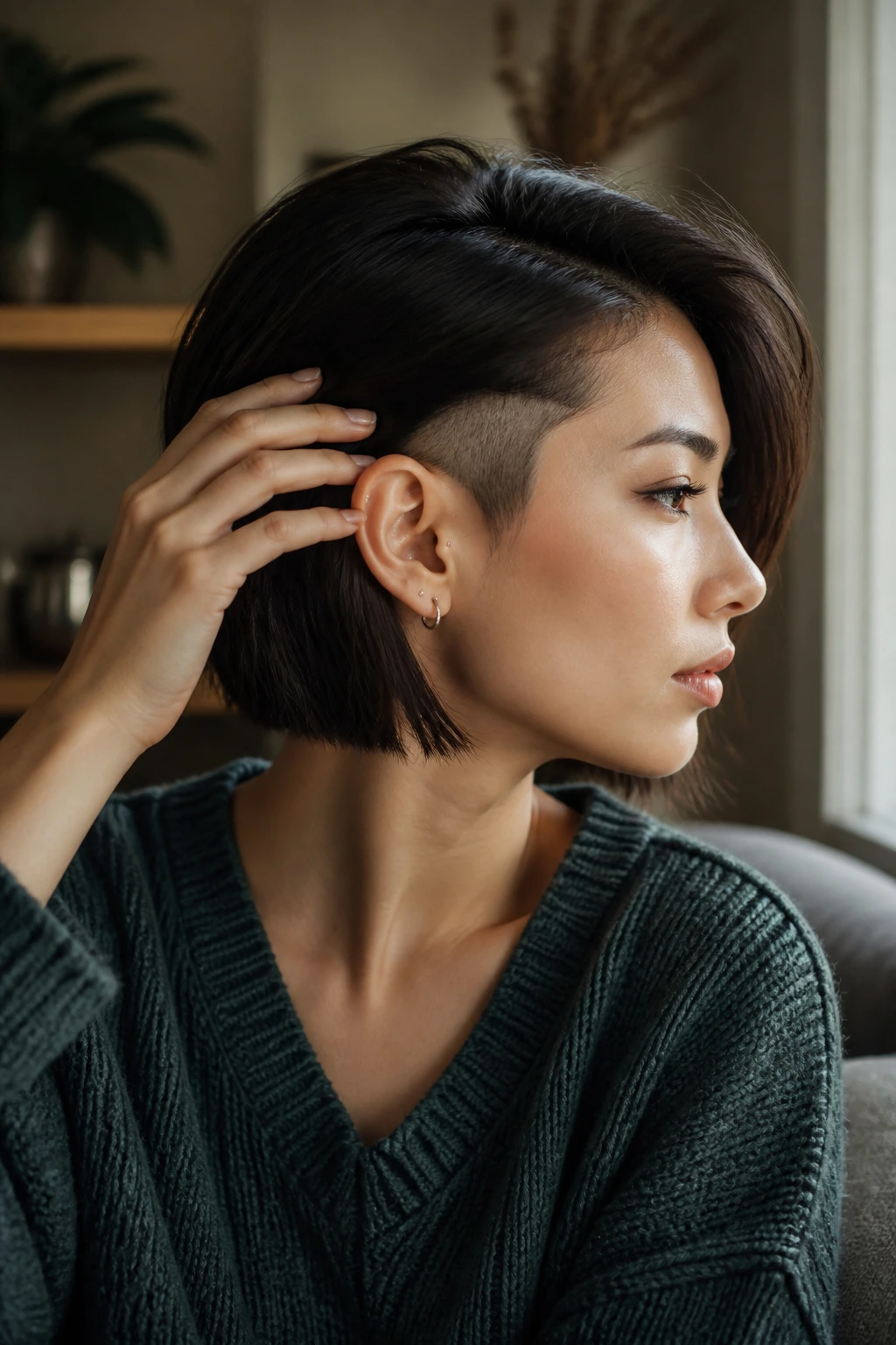 Side profile showing a minimalist temple shave on a real person.