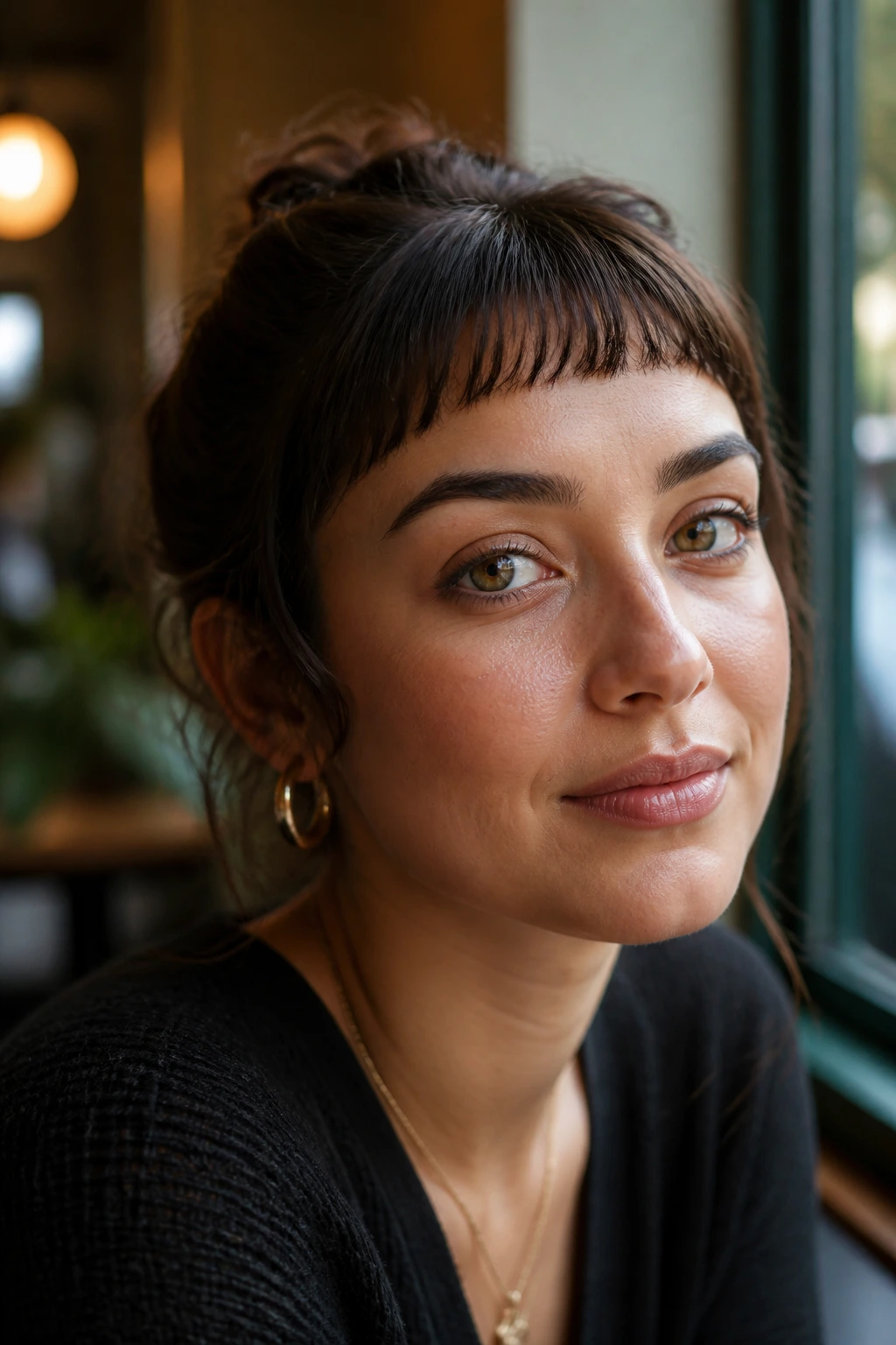 Close-up of a real woman wearing Temple-Tapered Baby Bangs hugging the temples.