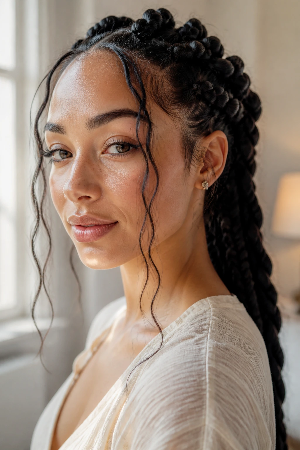 Close-up of a real woman with tendrils framing the face in a face-framing goddess braid