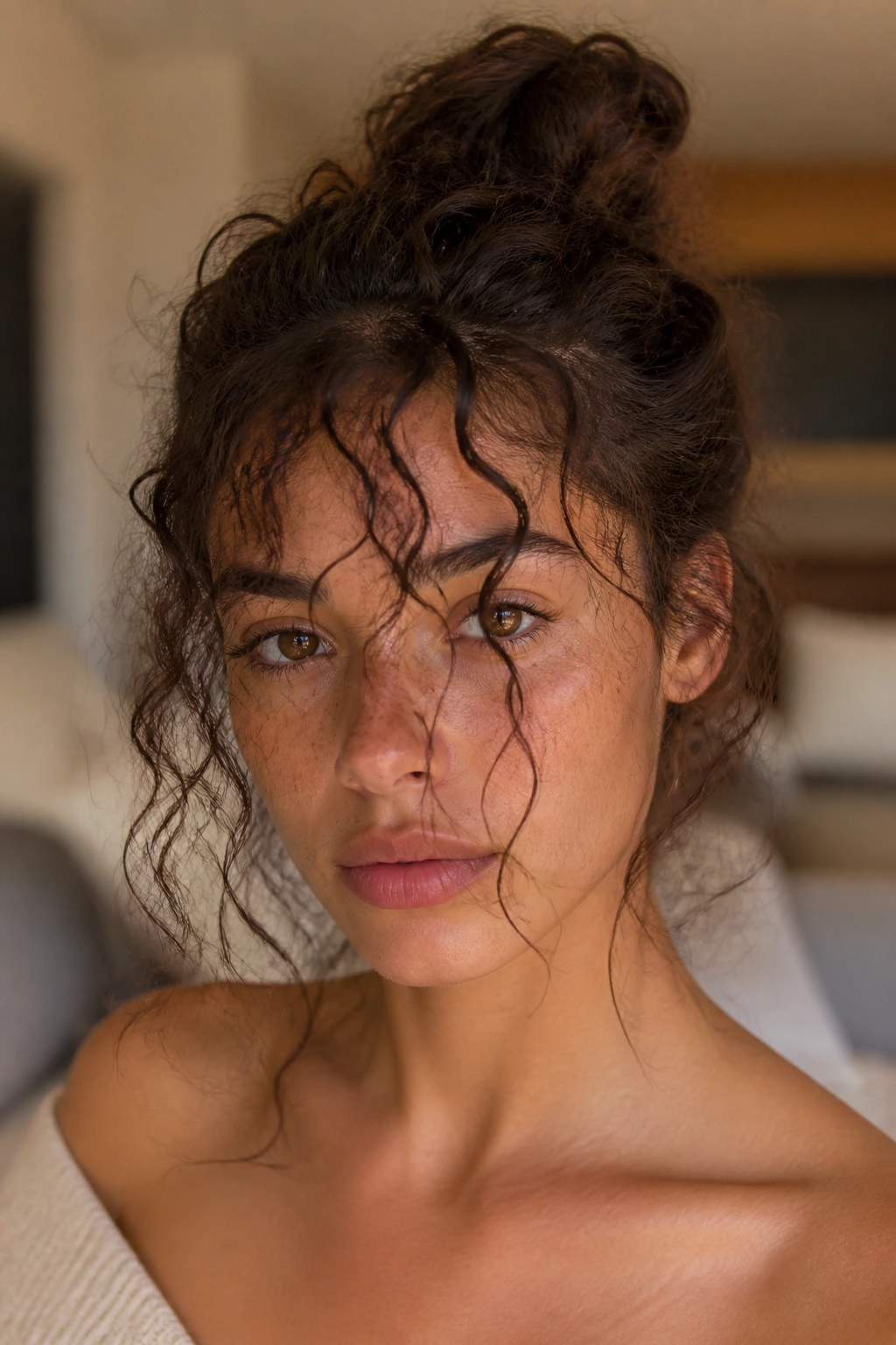 Romantic close-up of a real woman with peek-a-boo curly tendrils over her eyes.