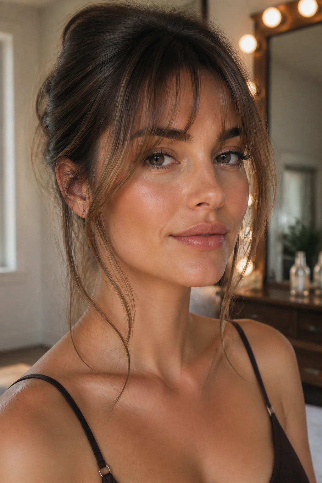 Real woman with face-framing tendril bangs in a softly lit room