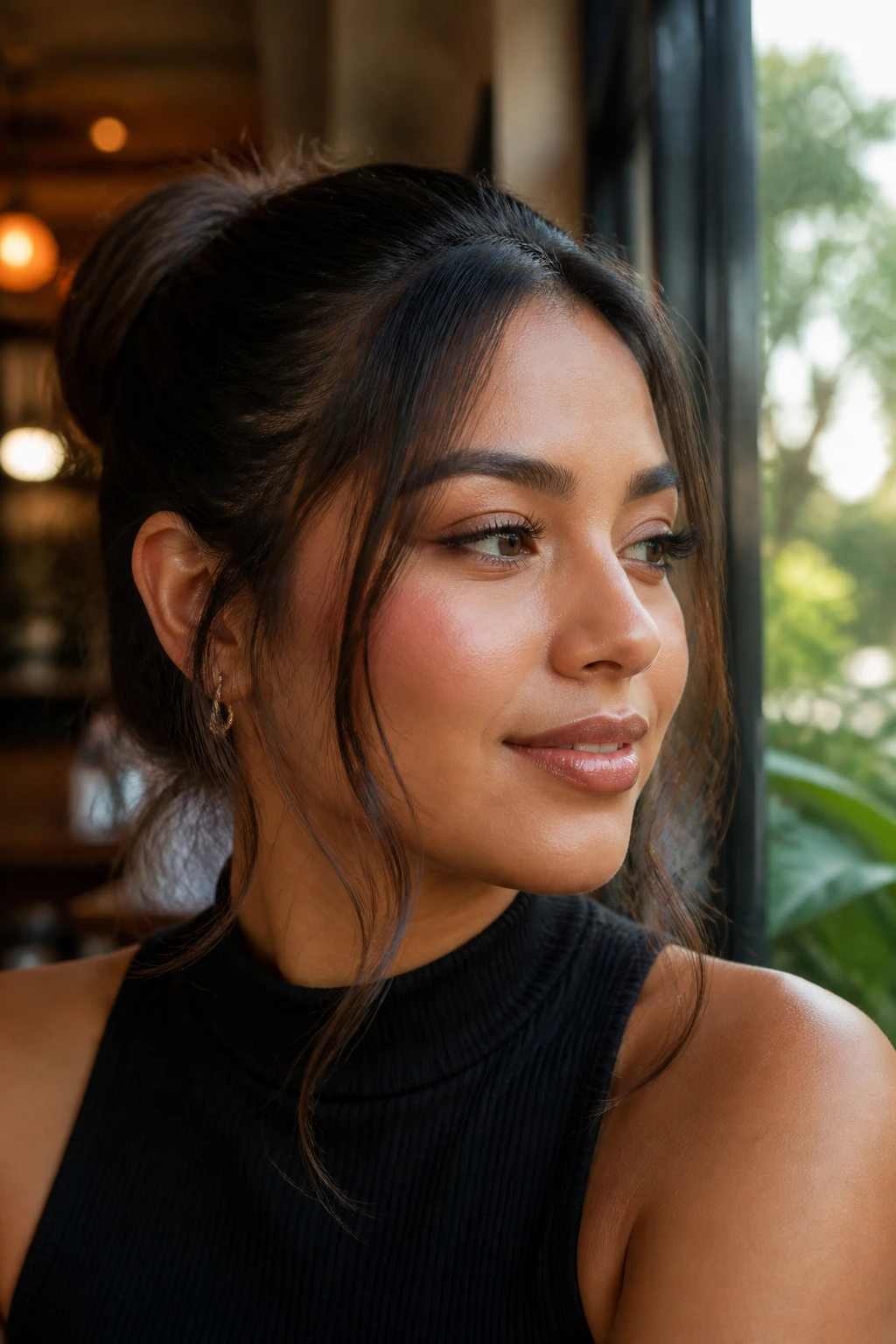 Portrait of a real woman with loose face-framing tendrils framing her features.