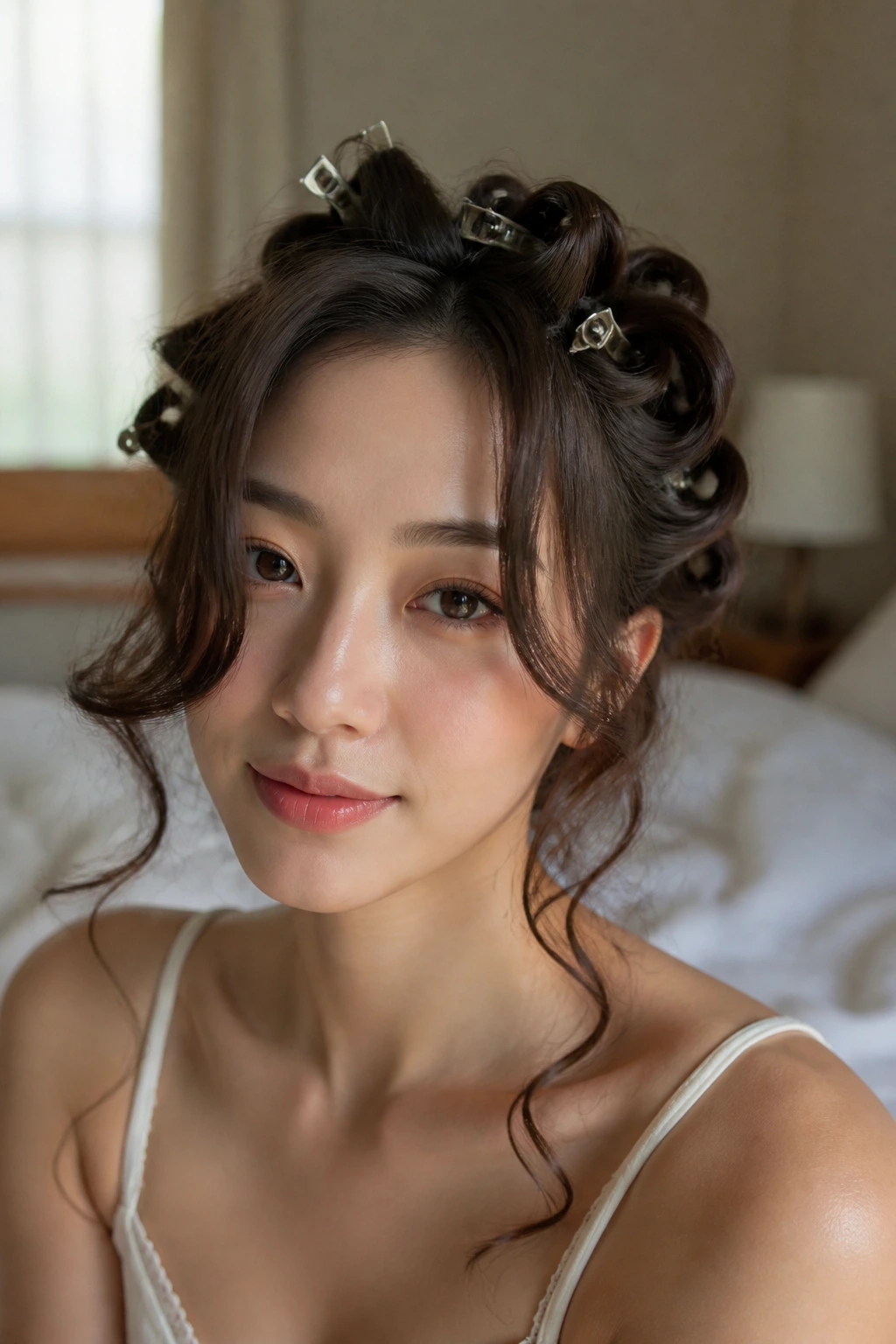 Close-up of bouncy face-framing tendrils on a real person with pin-curled setting.