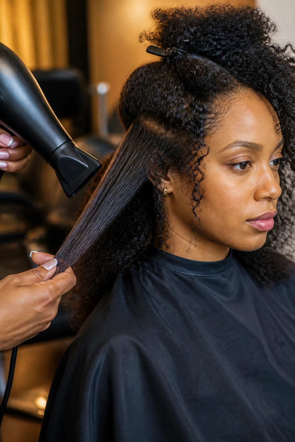Close-up of a real woman'scoiled hair being stretched with tension method in a salon