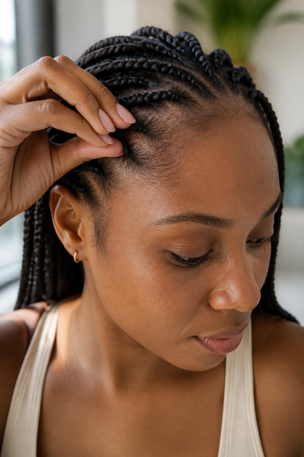 Real woman with braid, hand easing tension at base to protect hairline.