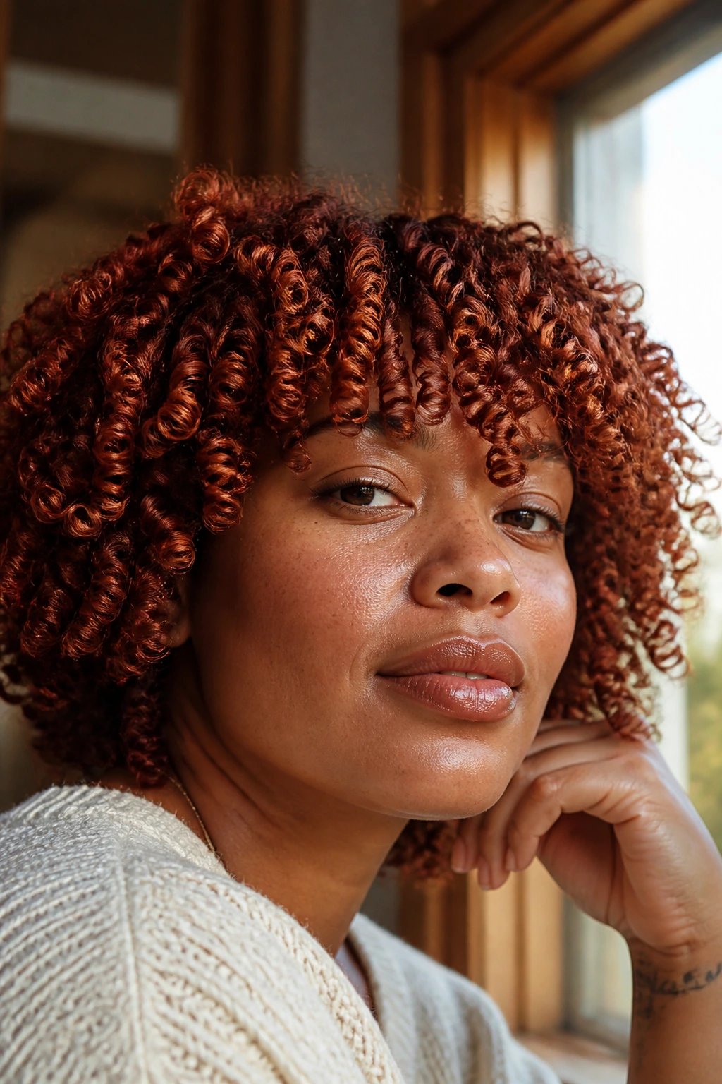 Portrait of a person with terracotta finger-coiled bangs.