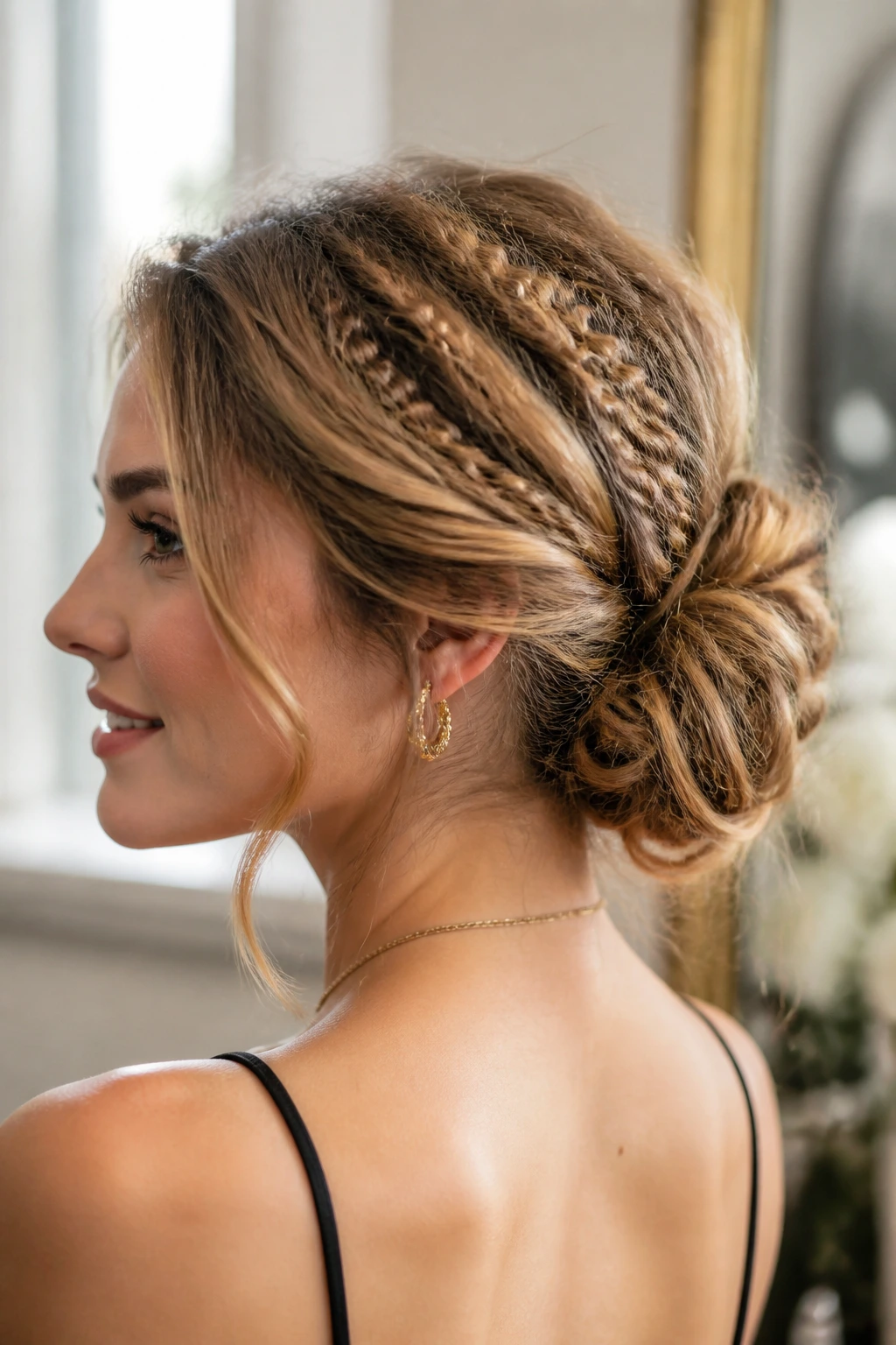 Close-up of a real woman with a crimped texture chignon