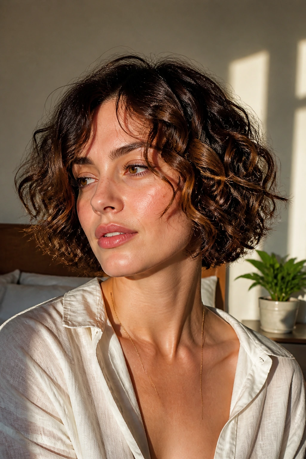 Close-up of a bob with varied texture showing waves and curls in a sunlit room.