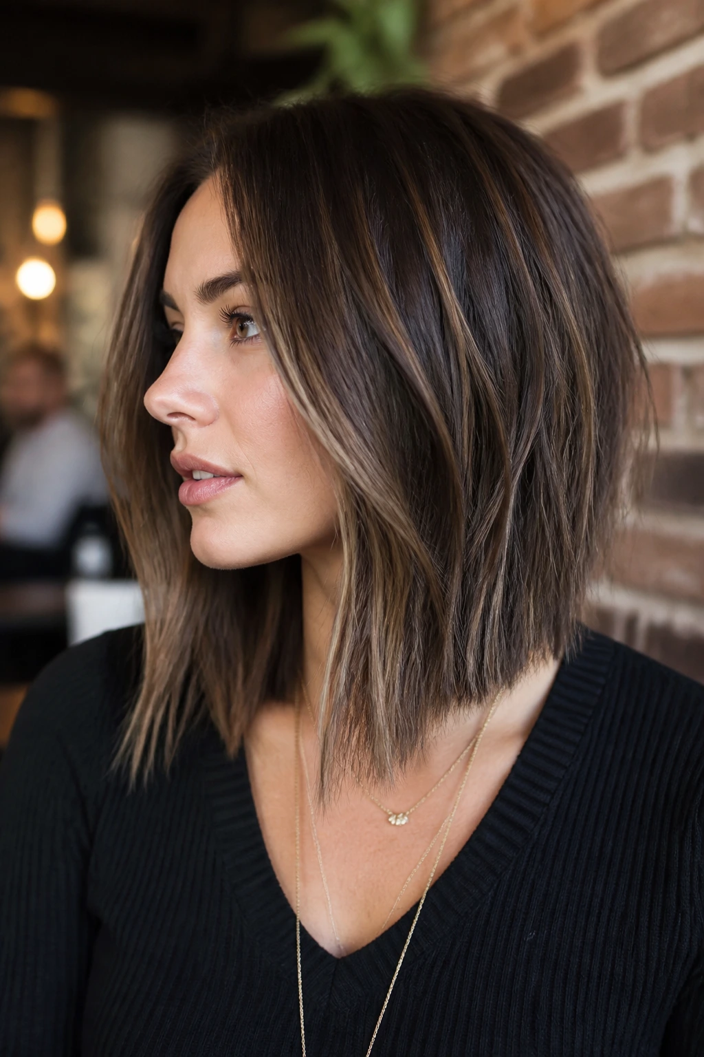 Portrait of real woman with textured A-line lob and blunt ends in cafe setting