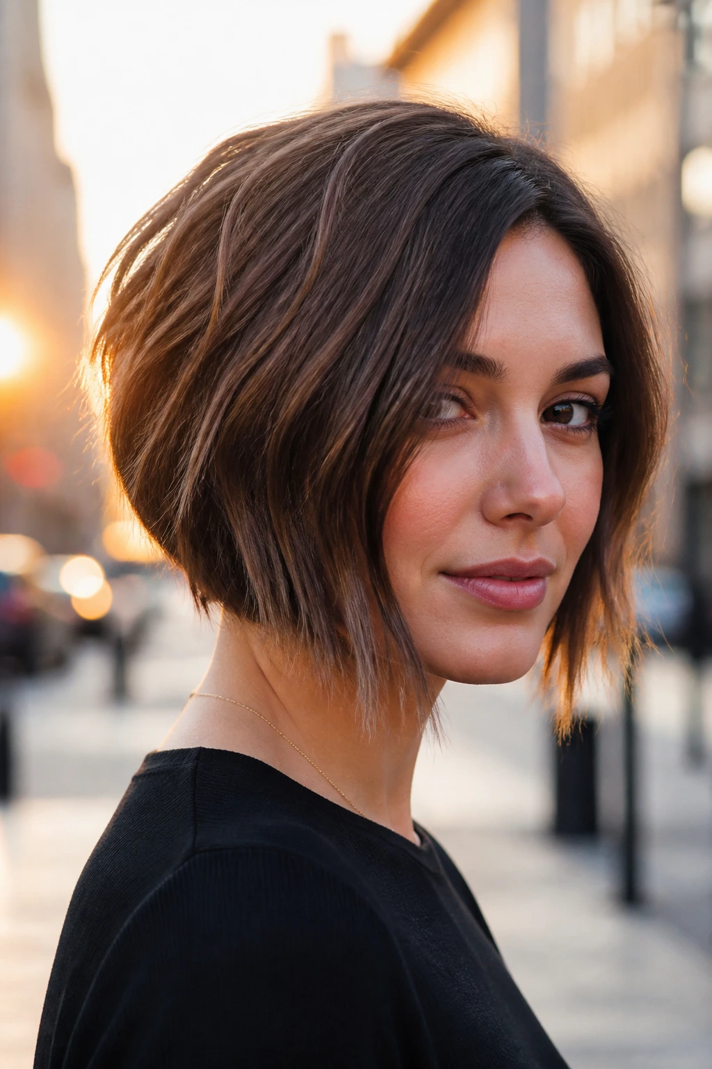 Close-up of a woman with textured A-line bob in golden hour light
