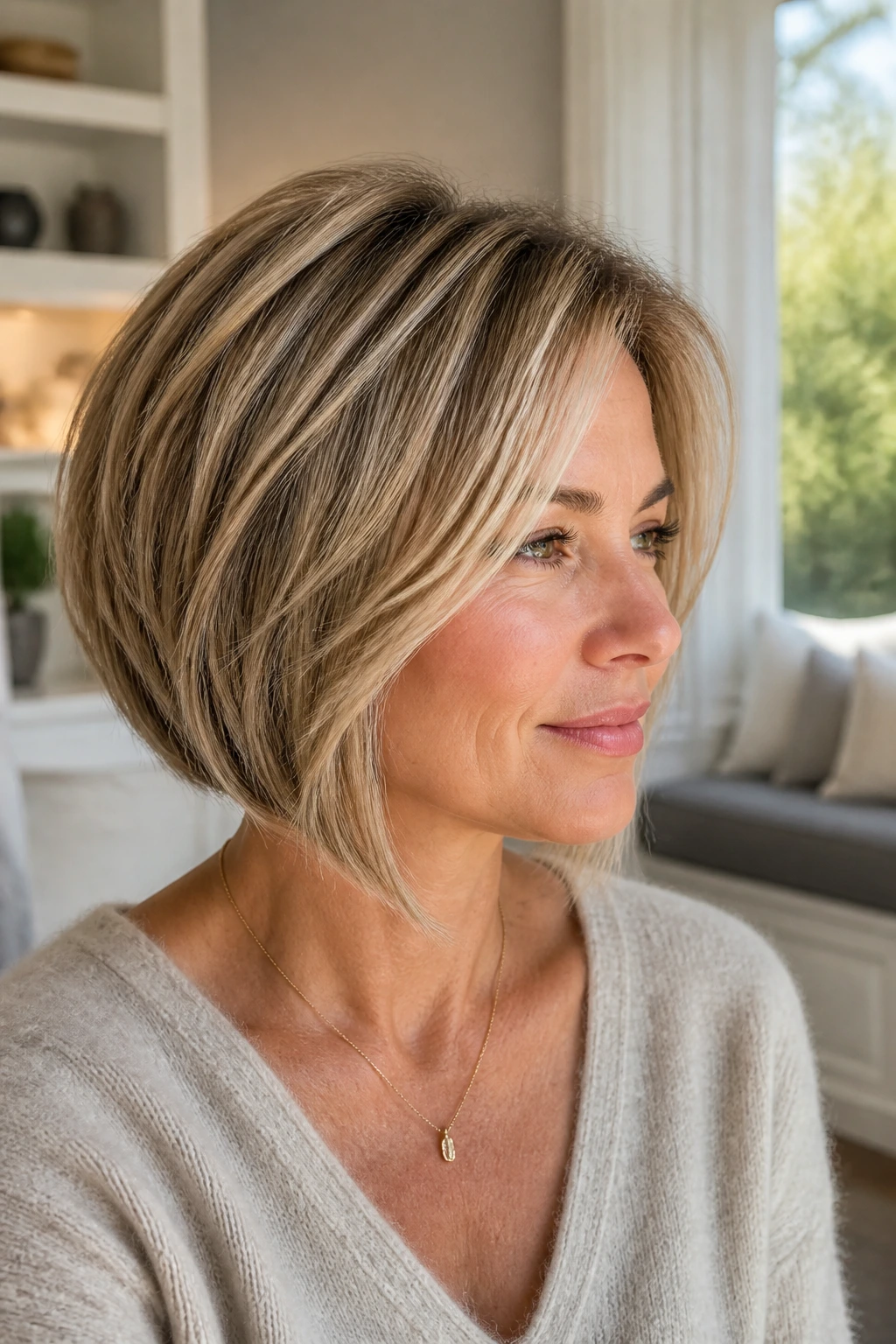 Close-up of a woman with a textured A-line bob showing gentle slope