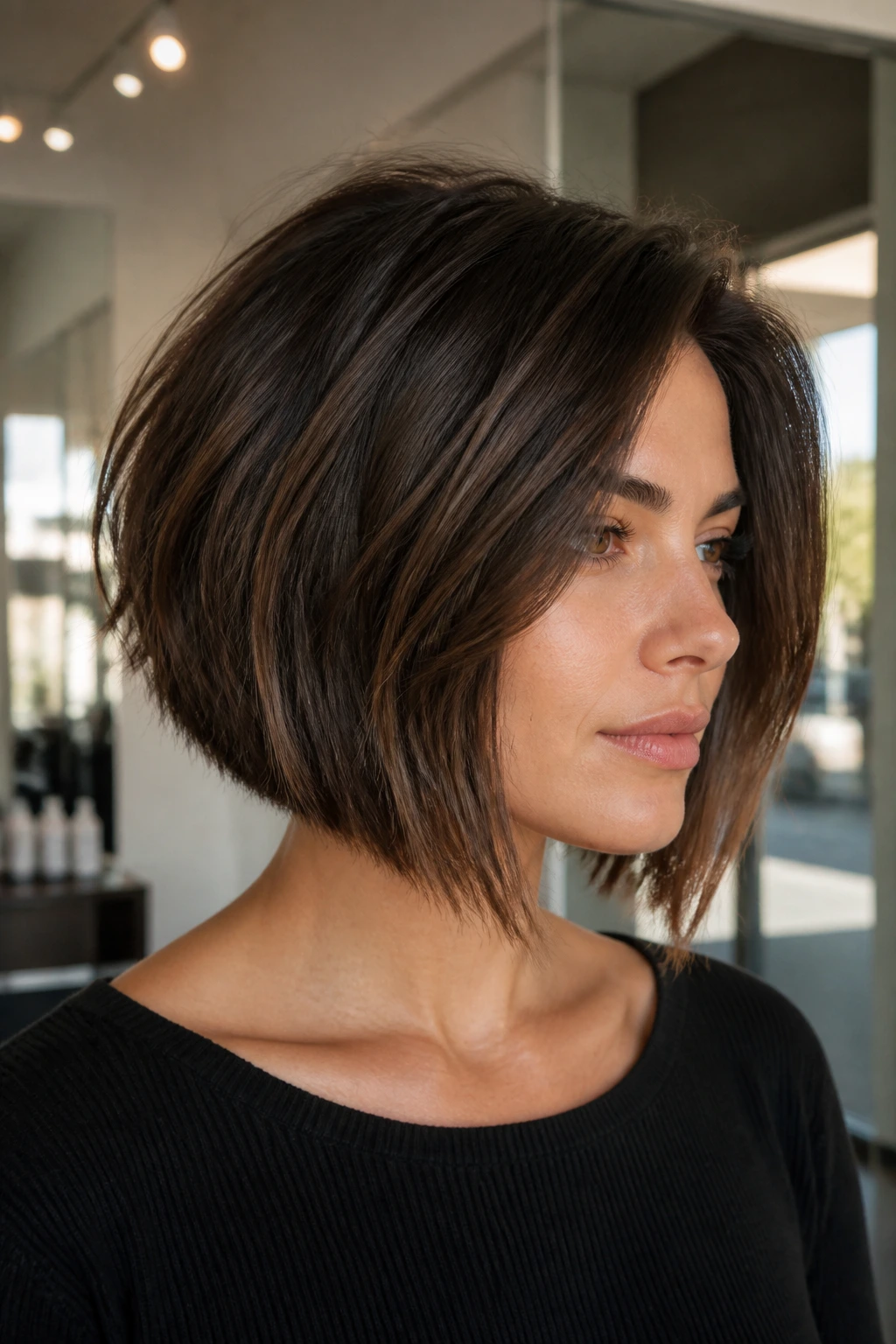 Close-up of a real woman with textured A-line bob in a bright salon