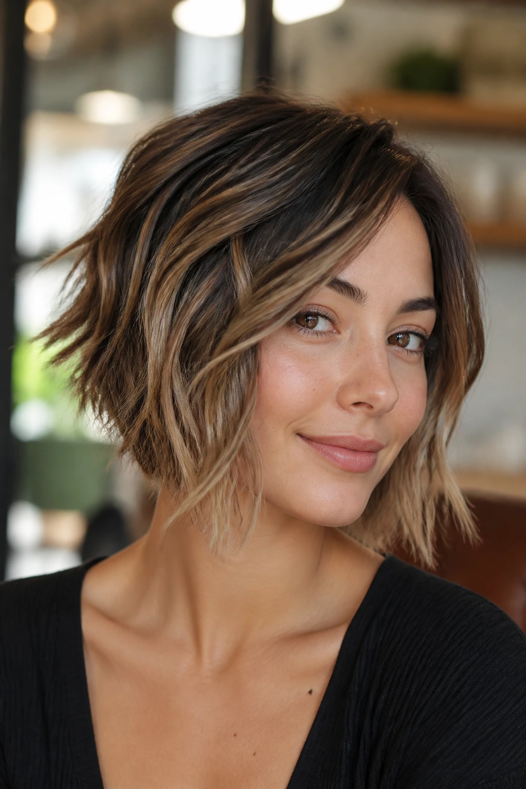 Close-up of a woman with textured A-line bob in a bright cafe