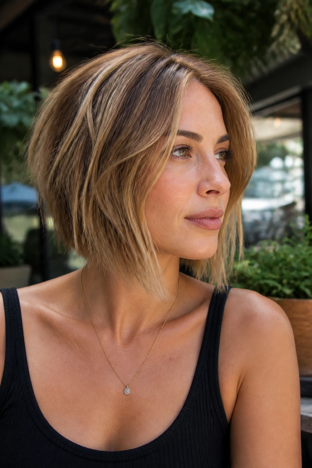 Portrait of a woman with a textured A-line bob outdoors