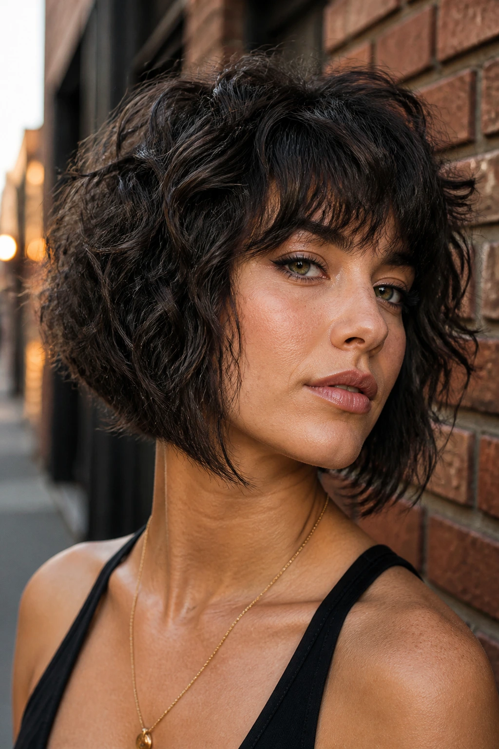 Close-up portrait of a person with textured A-line bob and wispy bangs in outdoor light
