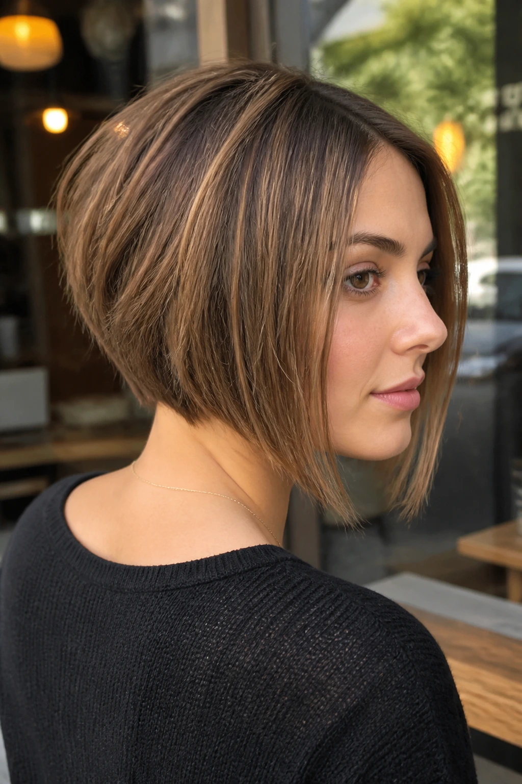 Close-up of a real woman with a textured A-line bob in daylight at a cafe