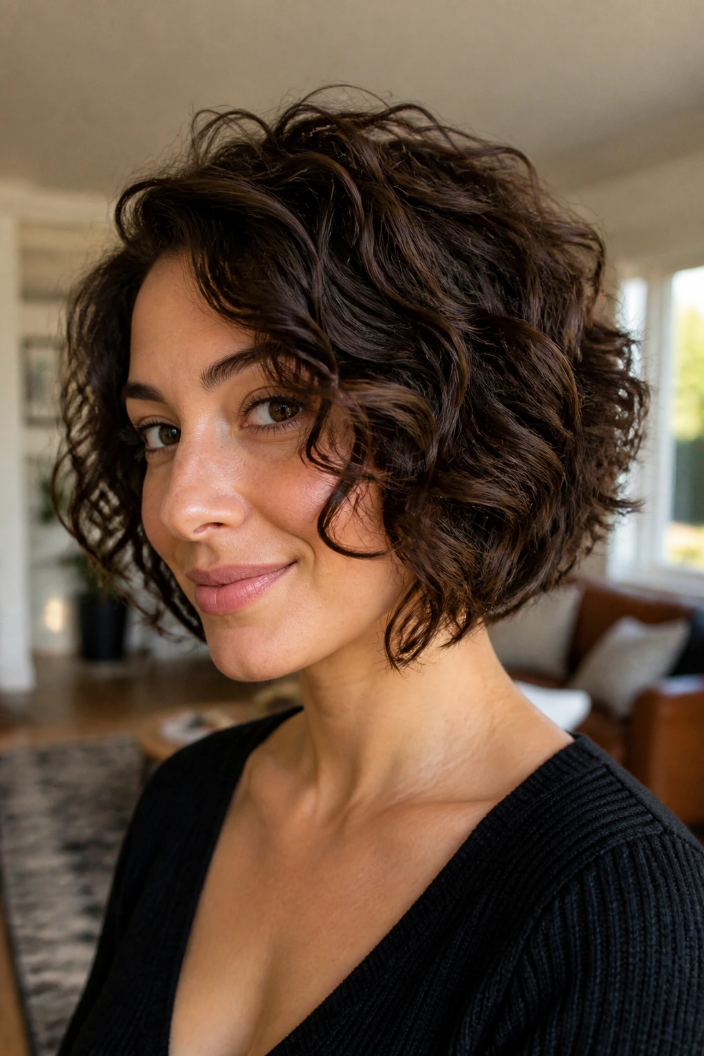 Close-up portrait of a real woman with a textured inverted A-line bob and layered curls