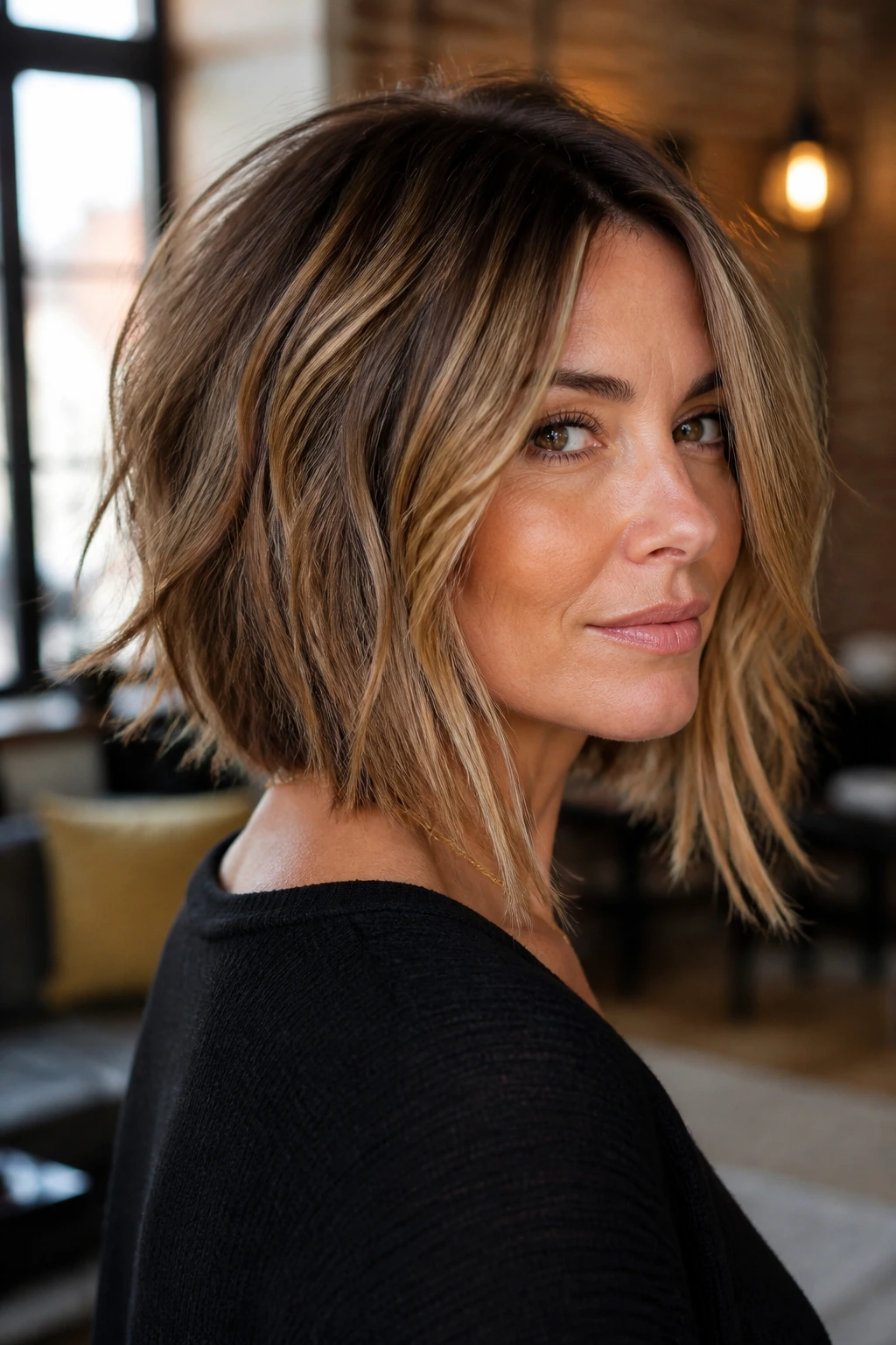 Real woman with textured A-line shag showing shorter back and longer front