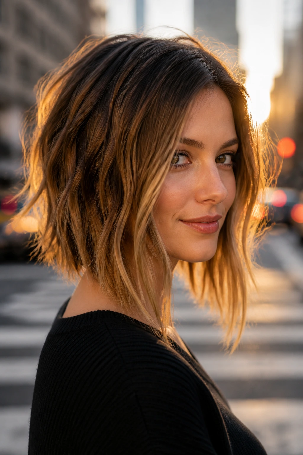 Close-up portrait of a real woman with textured A-line bob and shattered ends.