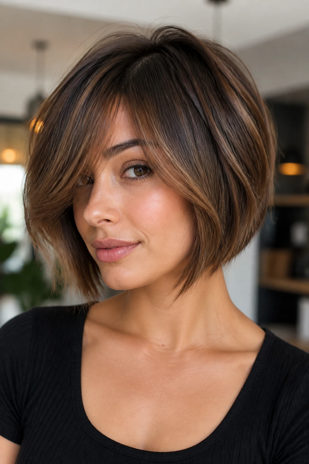 Person with textured A-line bob and side-swept bangs in a cozy interior