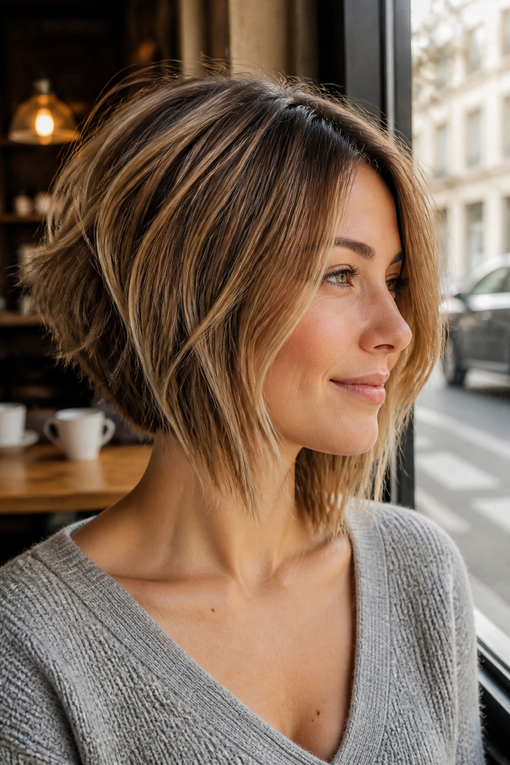Close-up portrait of a real woman with a textured A-line bob and collarbone-length front.