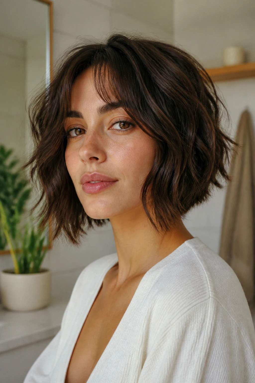 Close-up portrait of a woman with a textured wavy angled bob and curtain bangs.