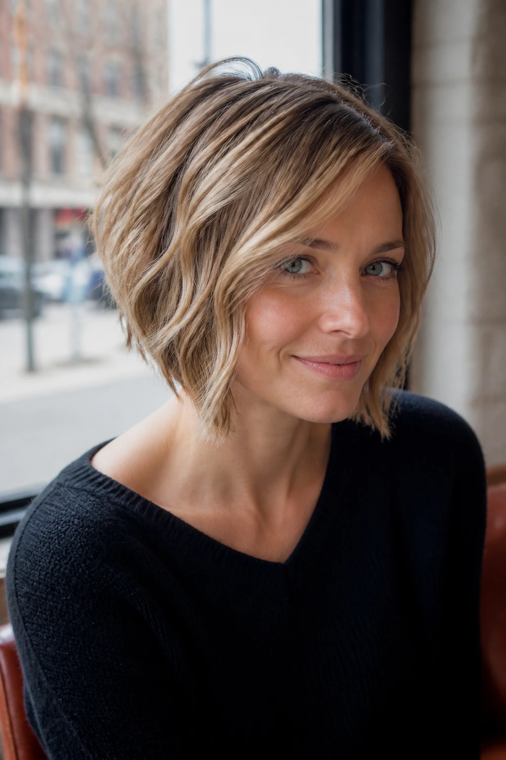 Close-up of textured angled bob with light point-cut ends and movement on a real woman