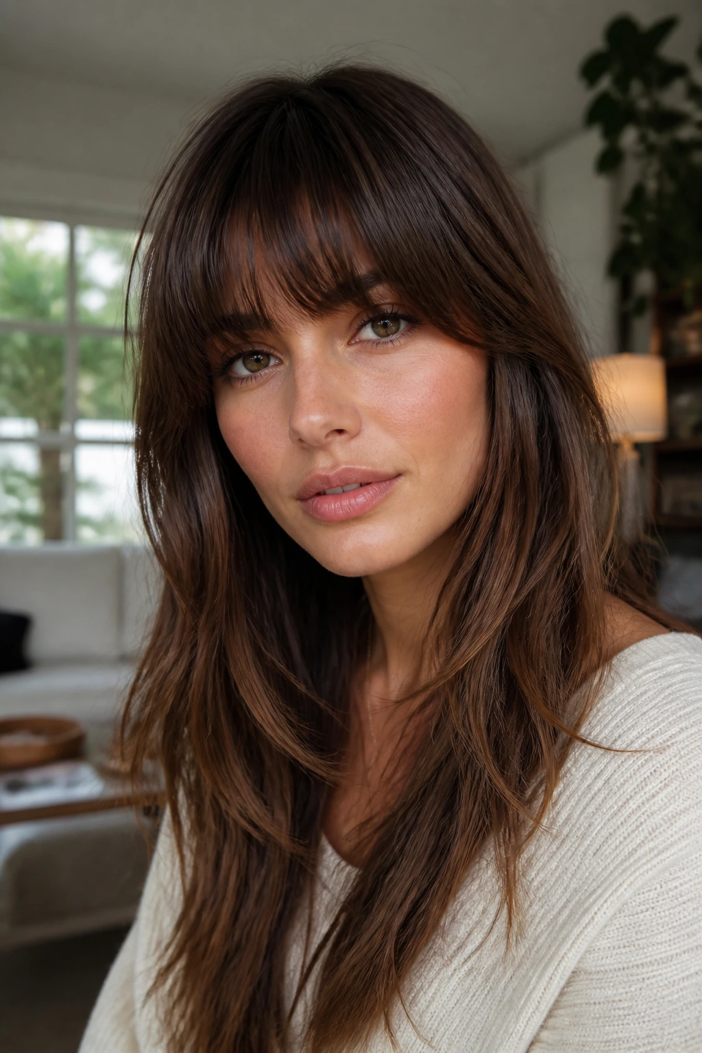 Close-up of a real woman with textured arched heavy bangs framing the eyes.