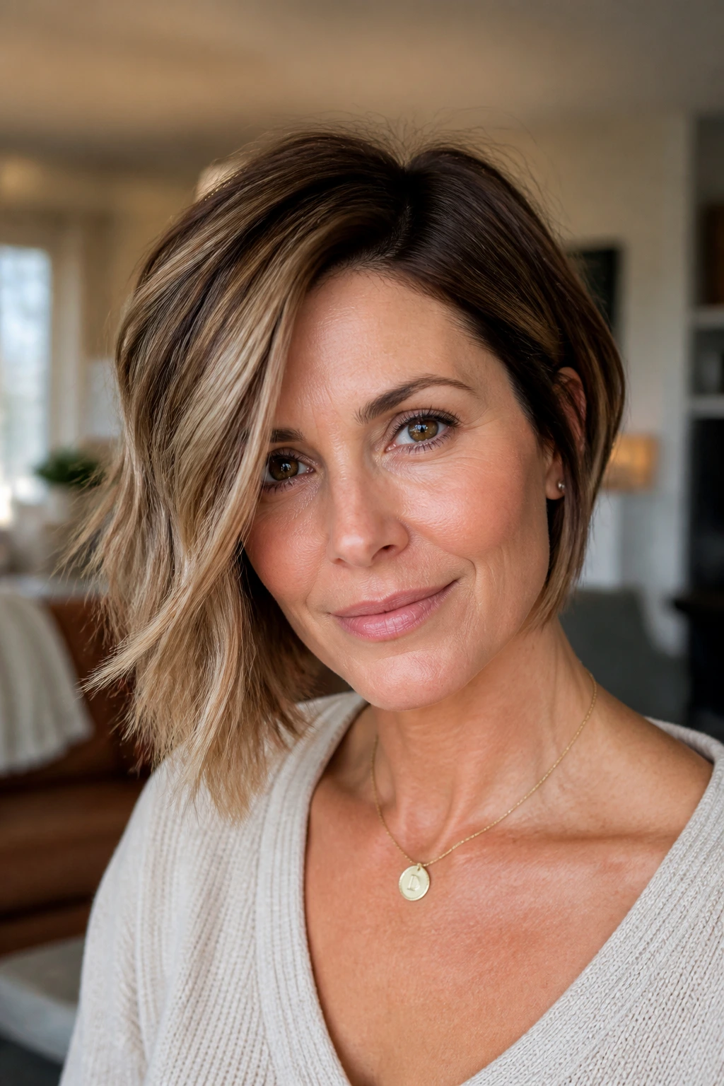 Close-up portrait of a real person with a textured asymmetrical bob