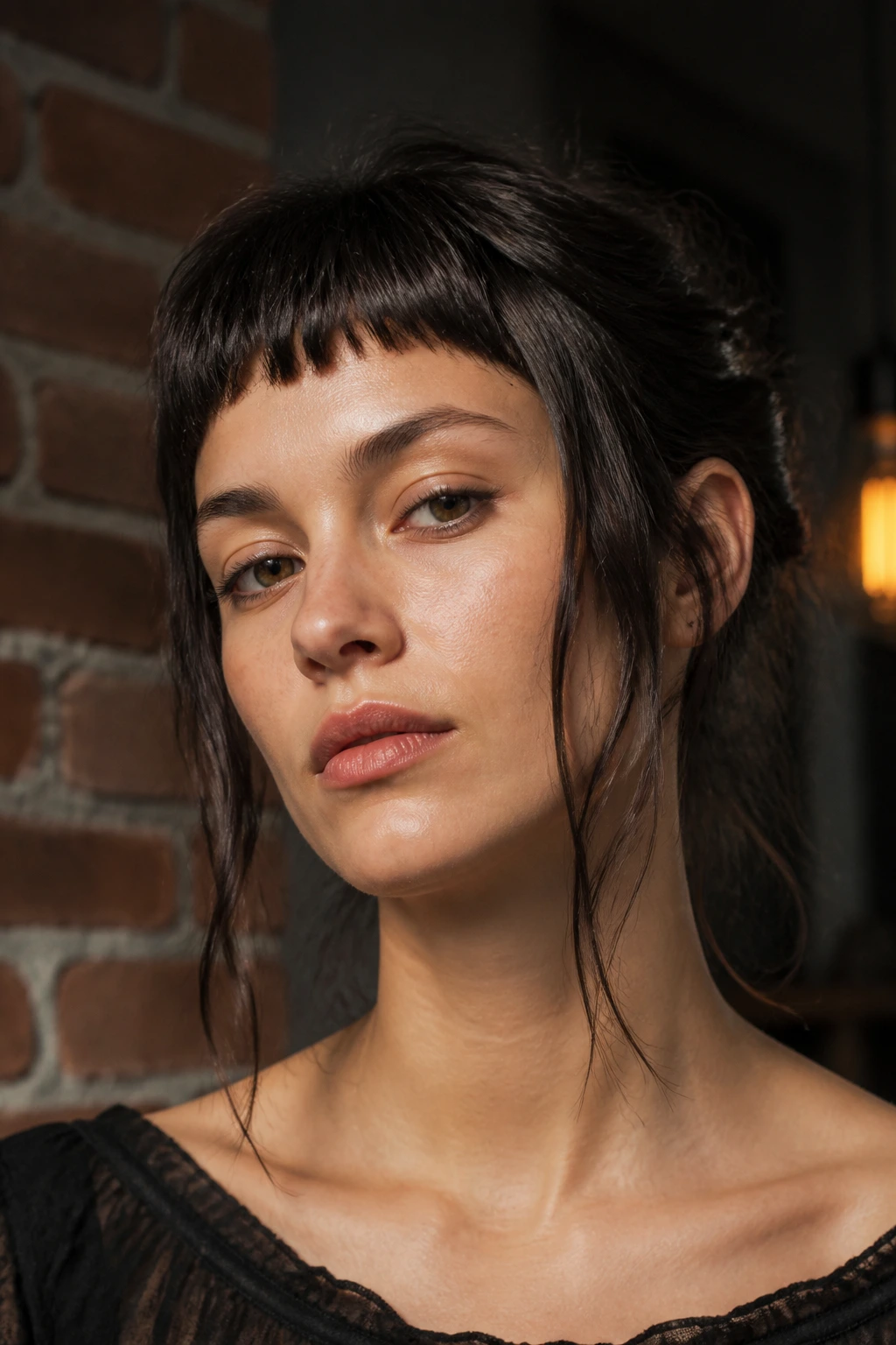Textured baby bangs with long tendrils on a real woman, close-up portrait