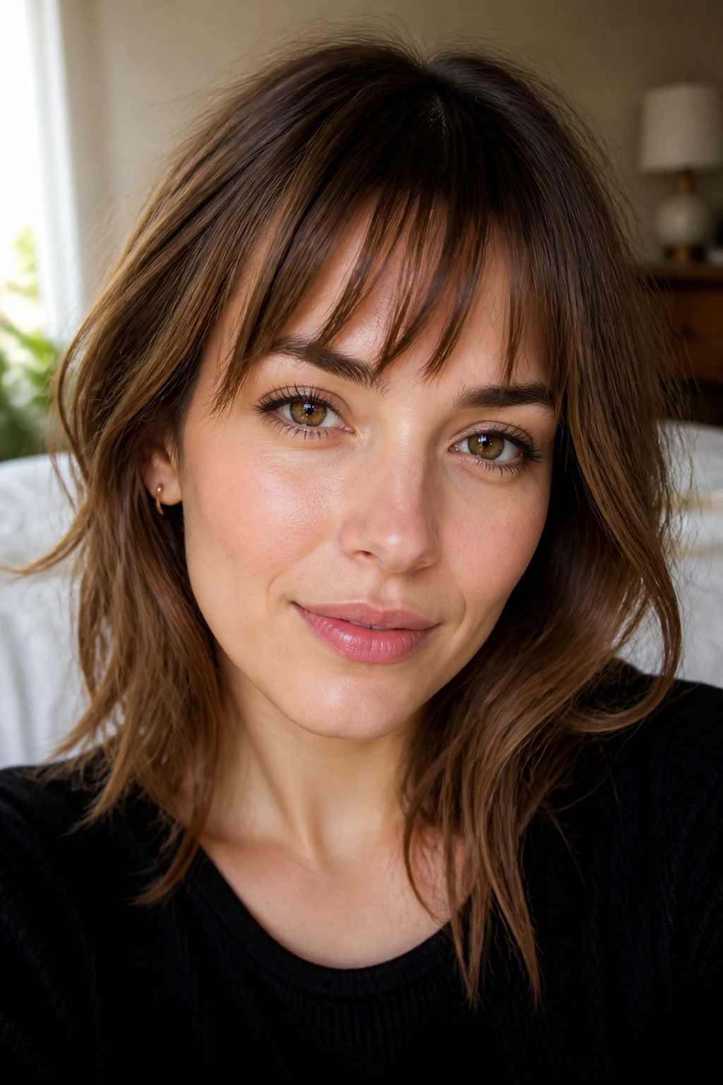 Close-up portrait of Textured Choppy Mid-Forehead Bangs on a real woman, uneven textured fringe with natural window light.