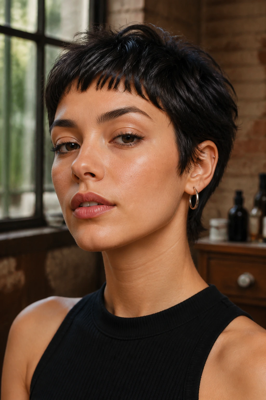 Close-up portrait of a person with textured micro bangs on dark hair under warm window light