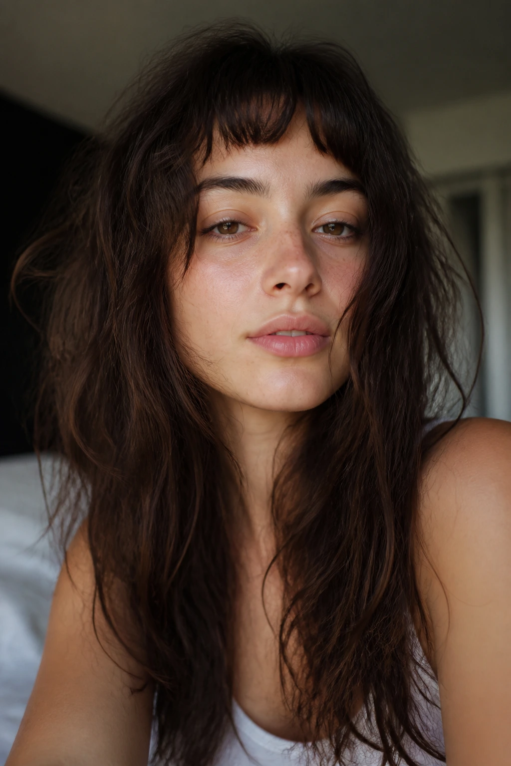Close-up portrait of a real person with textured baby bangs and long messy waves under natural window light