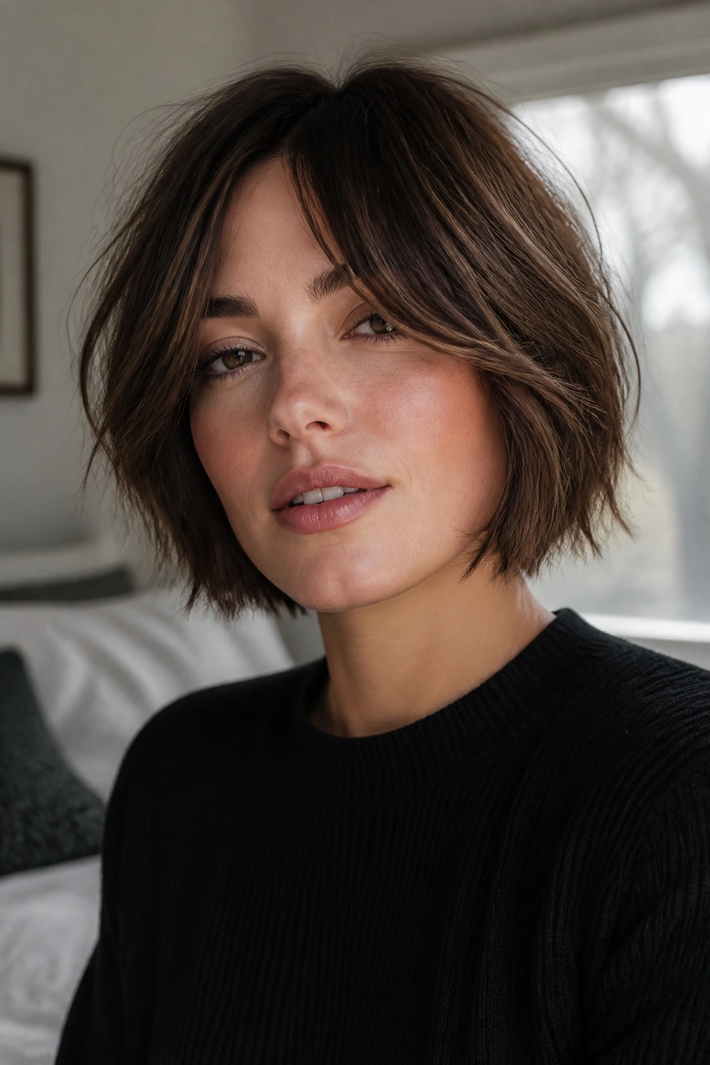 Close-up portrait of a real woman with a textured blunt bob and long curtain bangs in natural bedroom light