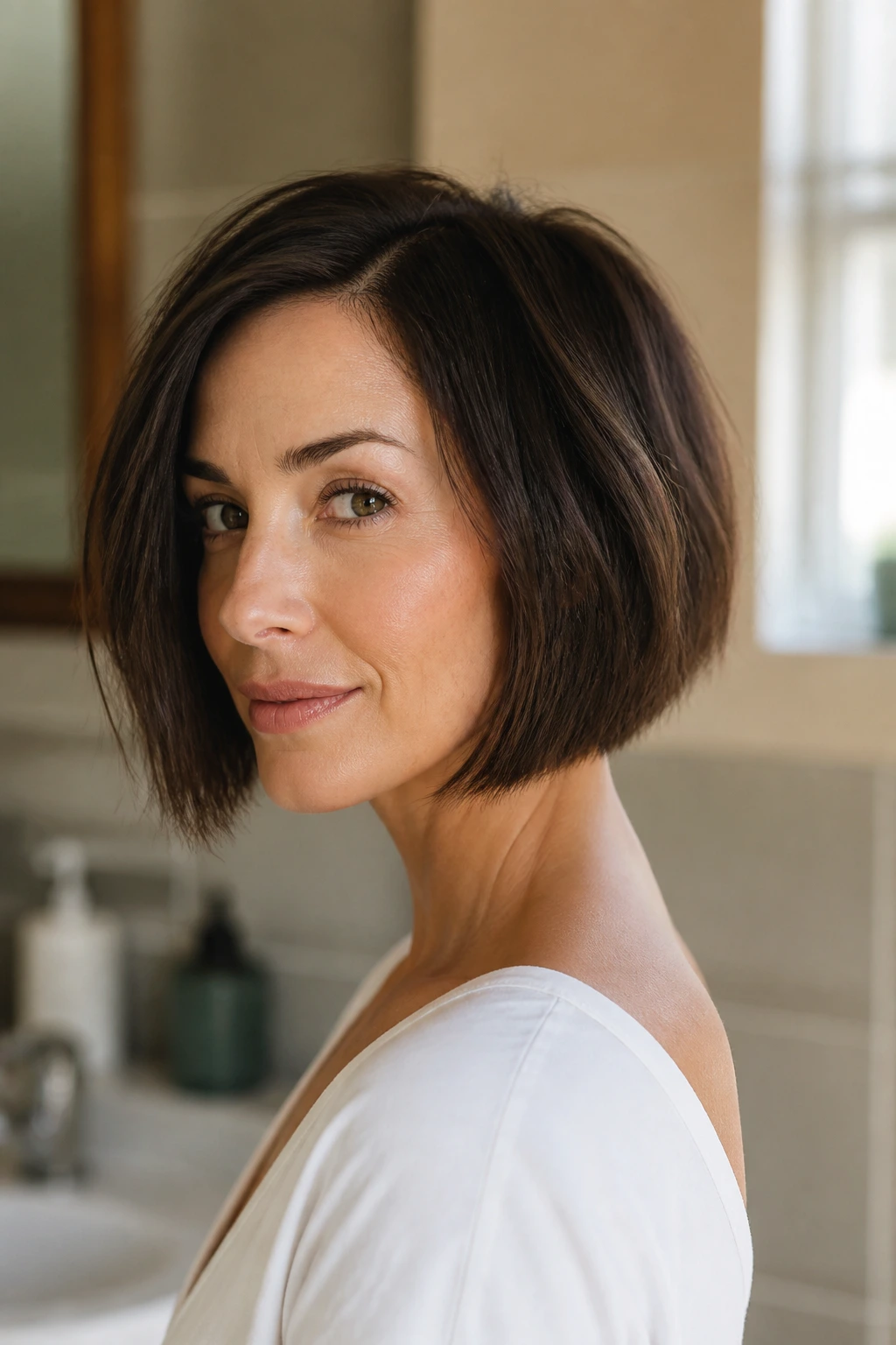 Close-up of a woman with a textured blunt bob with point-cut ends in warm bathroom light
